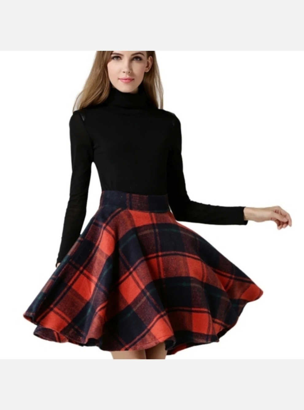 Tanming Wool Plaid Red and Navy Flared Circle Skirt